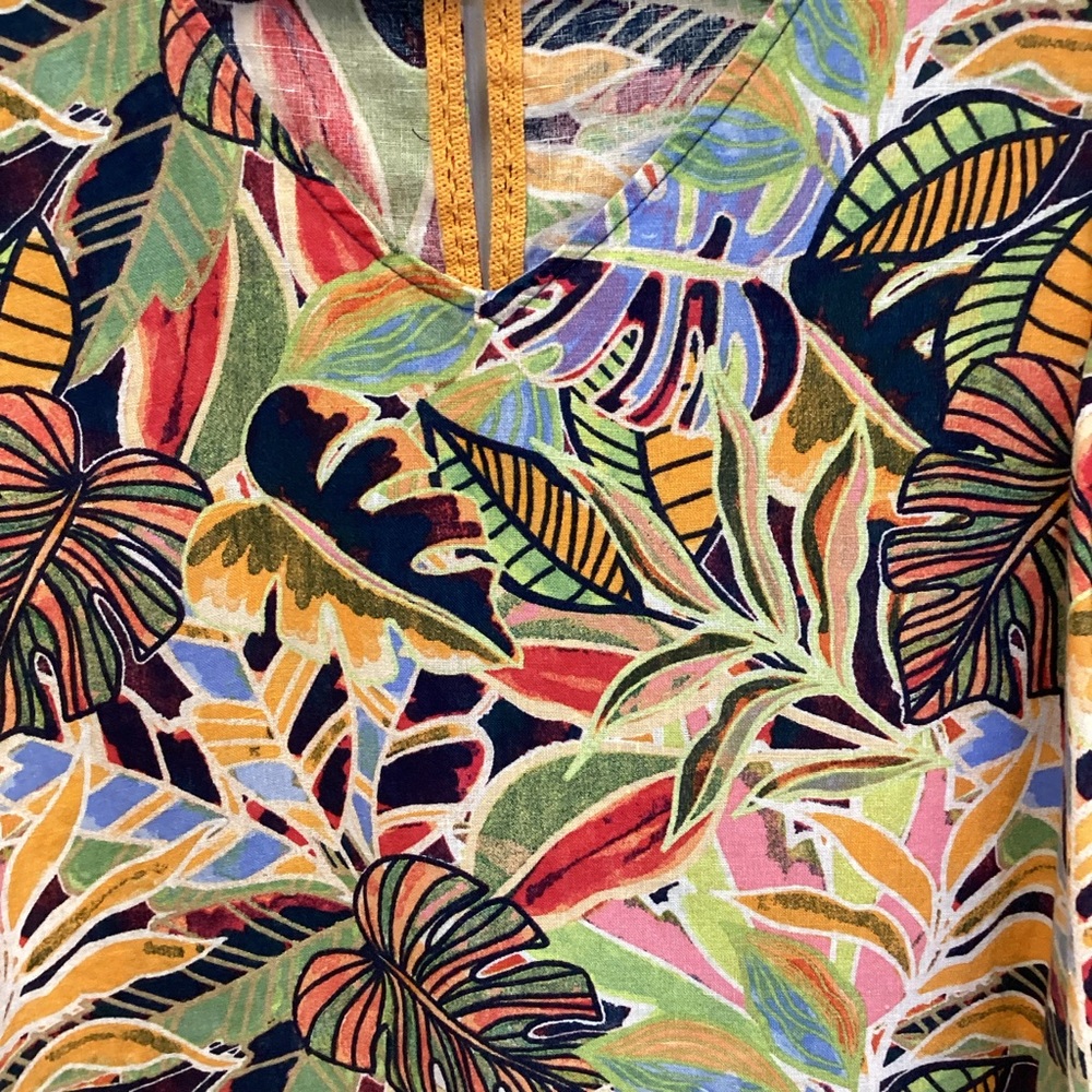 C&C California Multicolor Leaf Print SZ S tropical mini 100% Linen dress - Picture 3 of 9